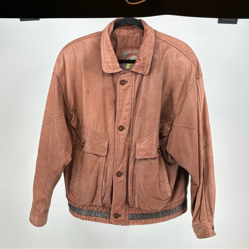 Vintage Men’s Medium Leather Brown Green Bomber‎ Jacket 90’s